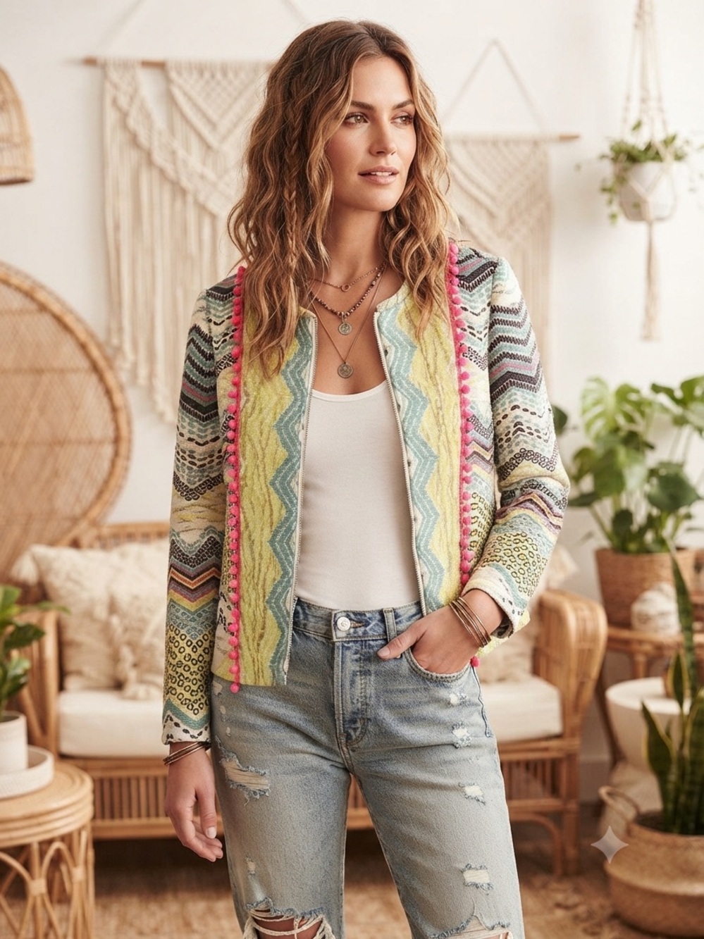 Holly Bracken Multi-Color Patterned Zip-Front Blazer - Yellow/Teal size Medium